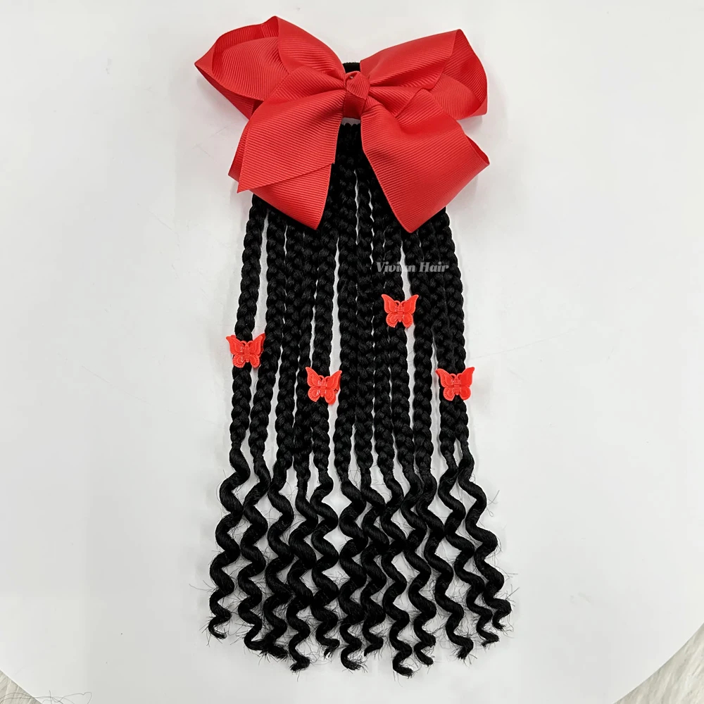 8inch kids box braid ponytail with curly ends hair extension ponytail crochet loc ponytail with butterfly shape clips and bow
