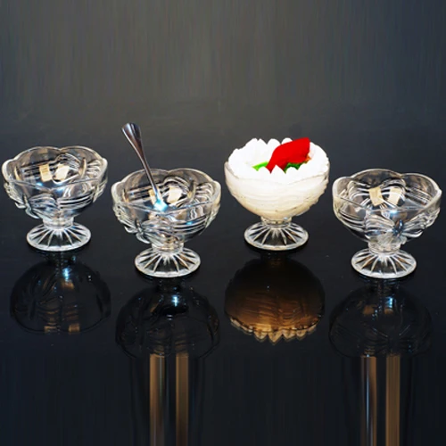 
4pcs crystal embossed glass ice cream bowl set with stand 