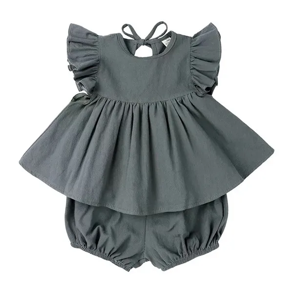 KTFS Australia Baby Kids Clothing Sets Ruffles Fly Sleeve Blouses Dress Plain Linen Cotton Baby Girls Linen Outfits