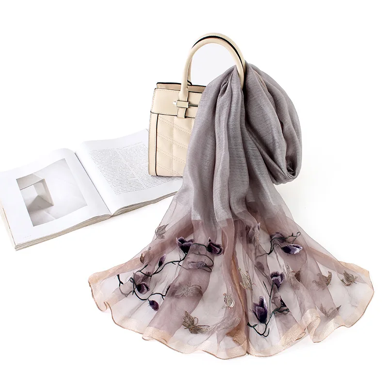 Elegant women hand embroidered silk and wool scarf with low MOQ and price