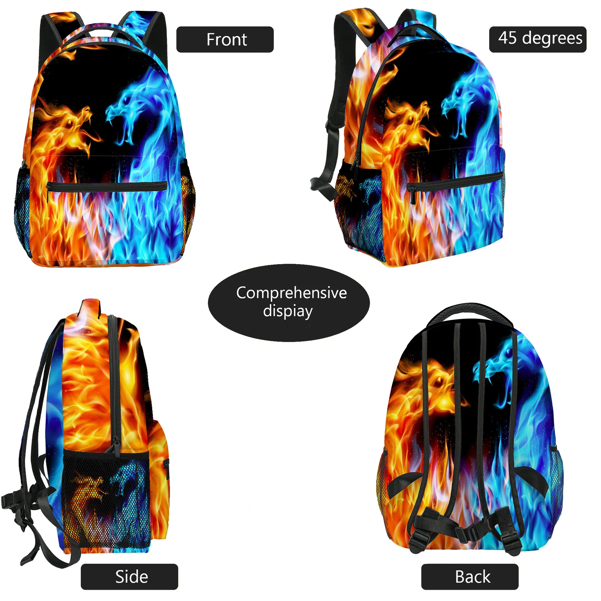 Yuhong Red Blue Fire Dragon School Laptop Backpack Teens School Bags Animal Water Resistant Bag