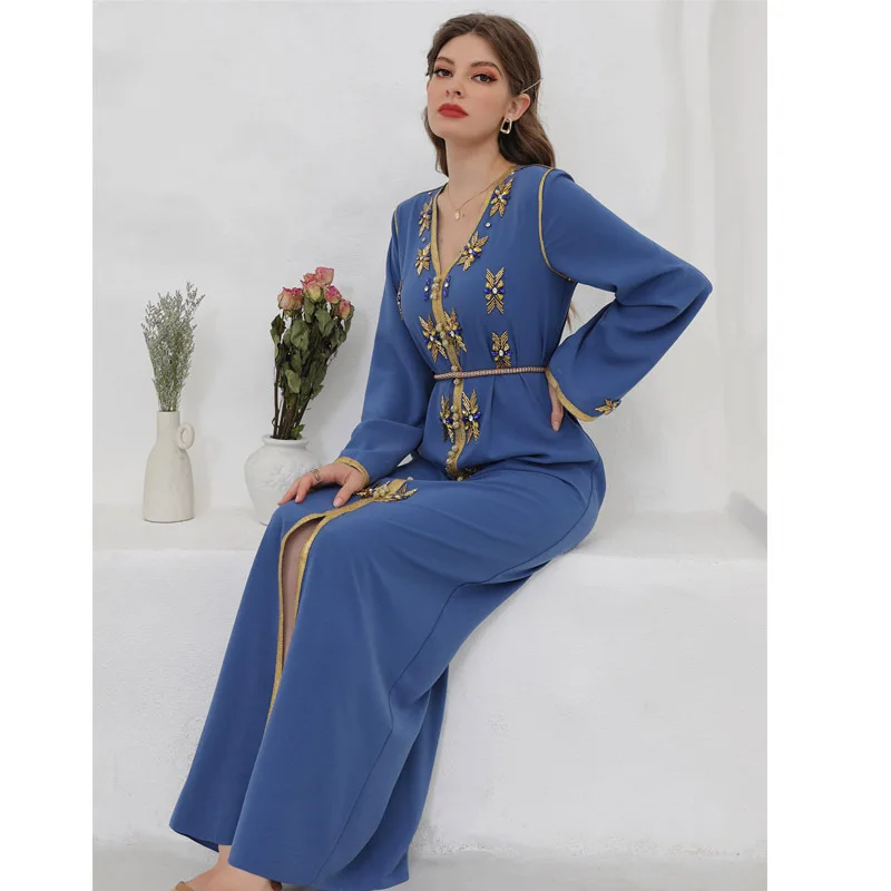 SIPO Cardigan Habaya Muslim Islamic Clothing Casual Dresses Party dresses Dubai Arabe V-Neck Slim Beadings Flower Pattern Burkha