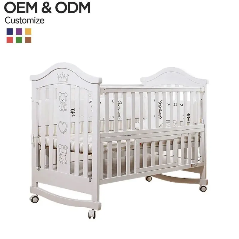 4-in-1 Luxury White Pine Wooden Non Toxic Baby Crib Safe Painted Bedstand Wood Bassinet Single Cot