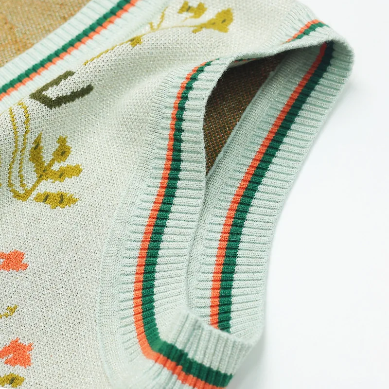 Factory wholesale vintage knitted vest irregular v-neck jacquard contrast color slim mandarin collar jilet top for women