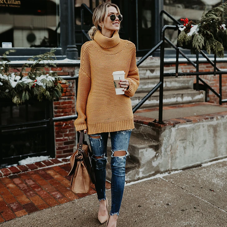 
Hot sale Autumn Winter Women Knit Long Sleeves Turtleneck Pullover Sweaters 