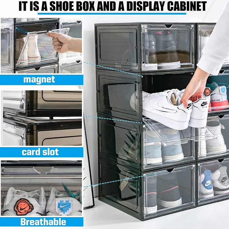 In Stock Stackable Sturdy Durable Plastic Shoe Organizer Simple Assemble Shoe Display Box with Magnetic Door