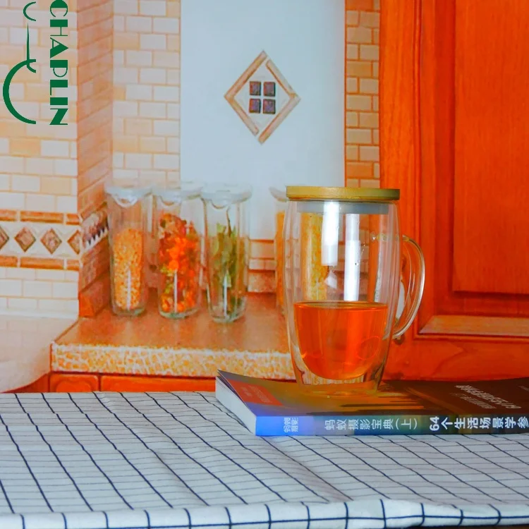 Handblown Elegant Reusable High Borosilicate Double Wall Glass Coffee Cup with Handle And Bamboo Wooden Lid For Drinking Mug