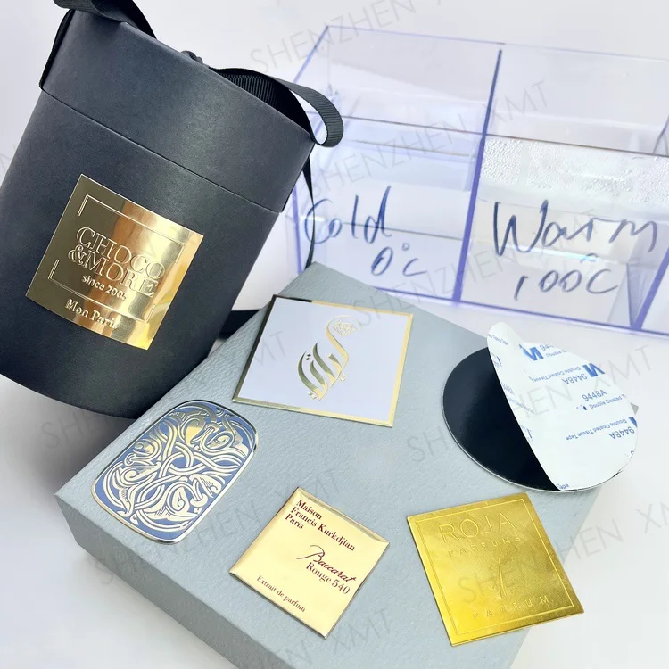 High Quality Custom Waterproof Metal Nickel Logo Strong Adhesive Packaging Gift Box Label Tag Sign Stickers