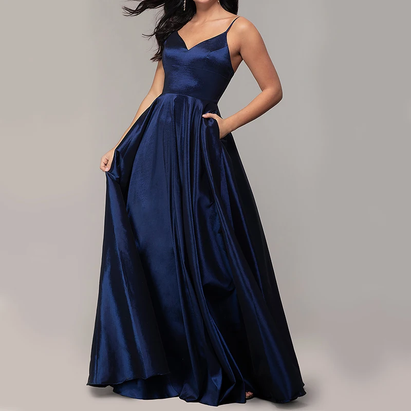 Custom Elegant Long Maxi Red Sleeveless Open Back Women Prom Evening Dress Wholesale with Pocket