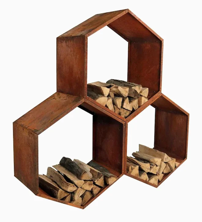 Outdoor Hexagon Heavy-Duty Firewood Log Storage Rack- Honeycomb Design- Cold-Rolled Steel With Rustic Oxidized Finish