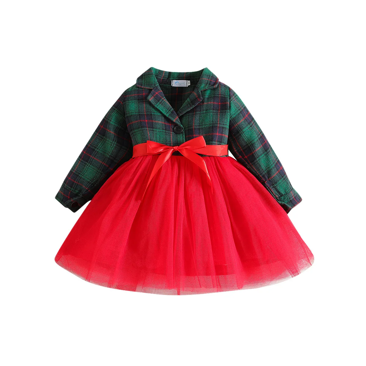 2024 New Winter Christmas New Year Green Plaid Tulle Patchwork Dresses 2-6 Years