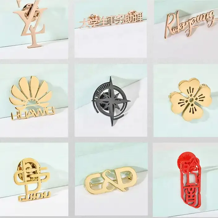 Popular Decorative  Custom Wholesale Luxury Embossed Gold Letter 3D Logo Suit Badge Metal Hollow Brooch Lapel Pin For Clothes