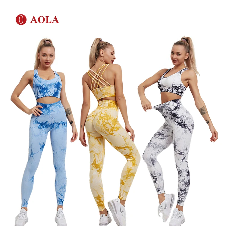 
AOLA Tie dye women sportswear yoga training tracksuit sports bra and leggings 2021 new yoga set fitness 