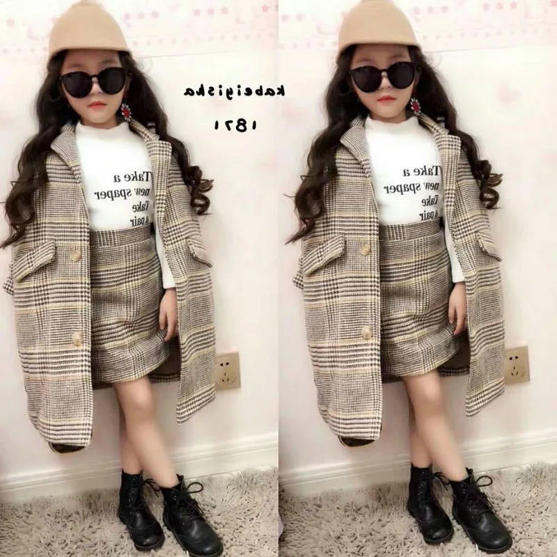 
2020 wholesale classic new autumn plaid kids baby toddler coat girl with matching skirts 