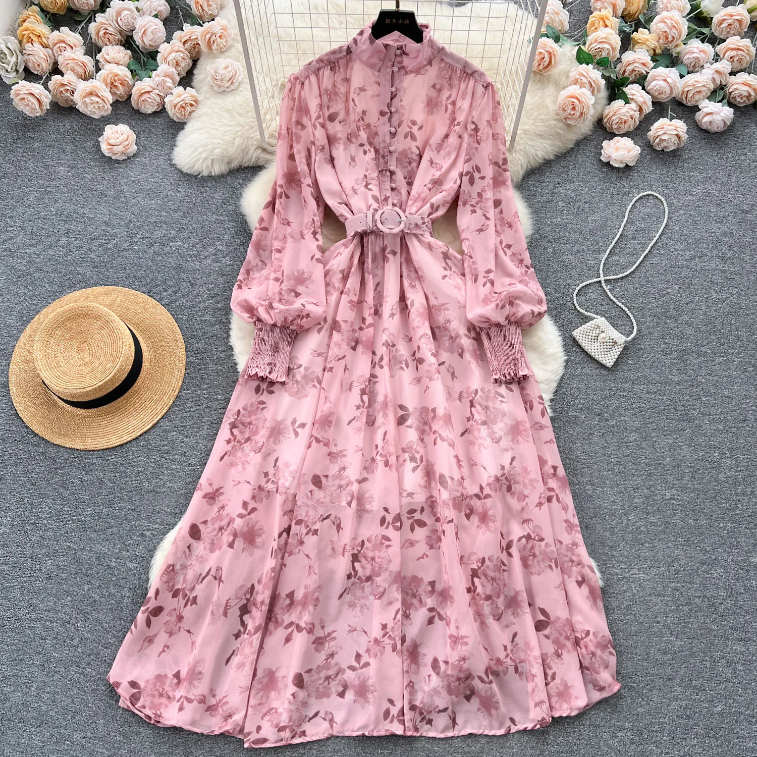 Wholesale new fashion french style maxi bubble long sleeve print ladies shirt floral fall casual chiffon dresses women