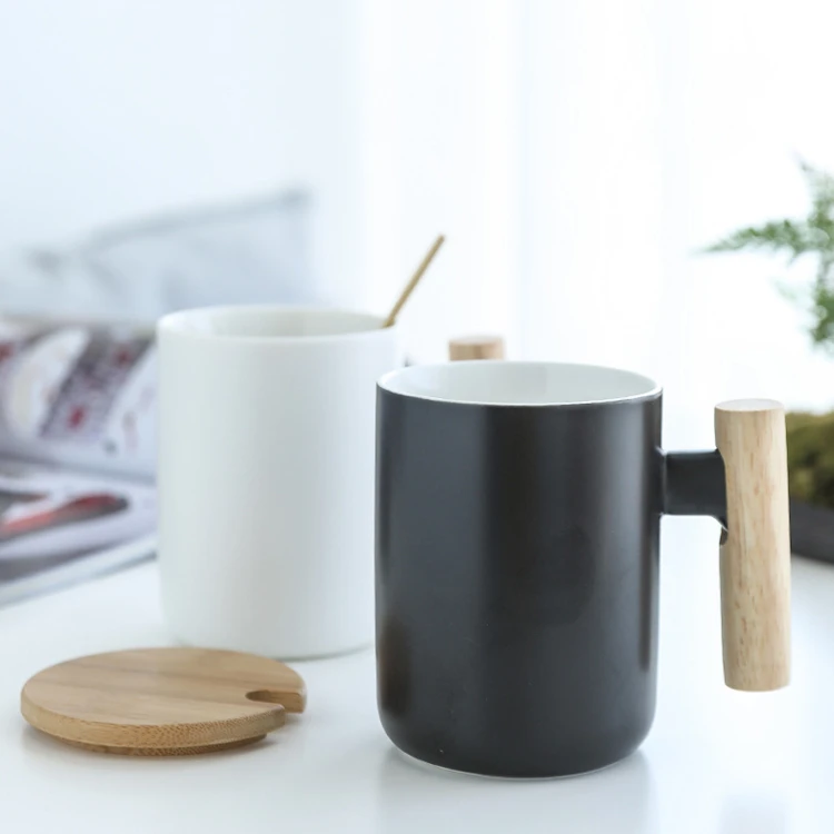 Hot Sale Custom Logo Nordic Matte White Black Ceramic Coffee Mug with Wooden Handle