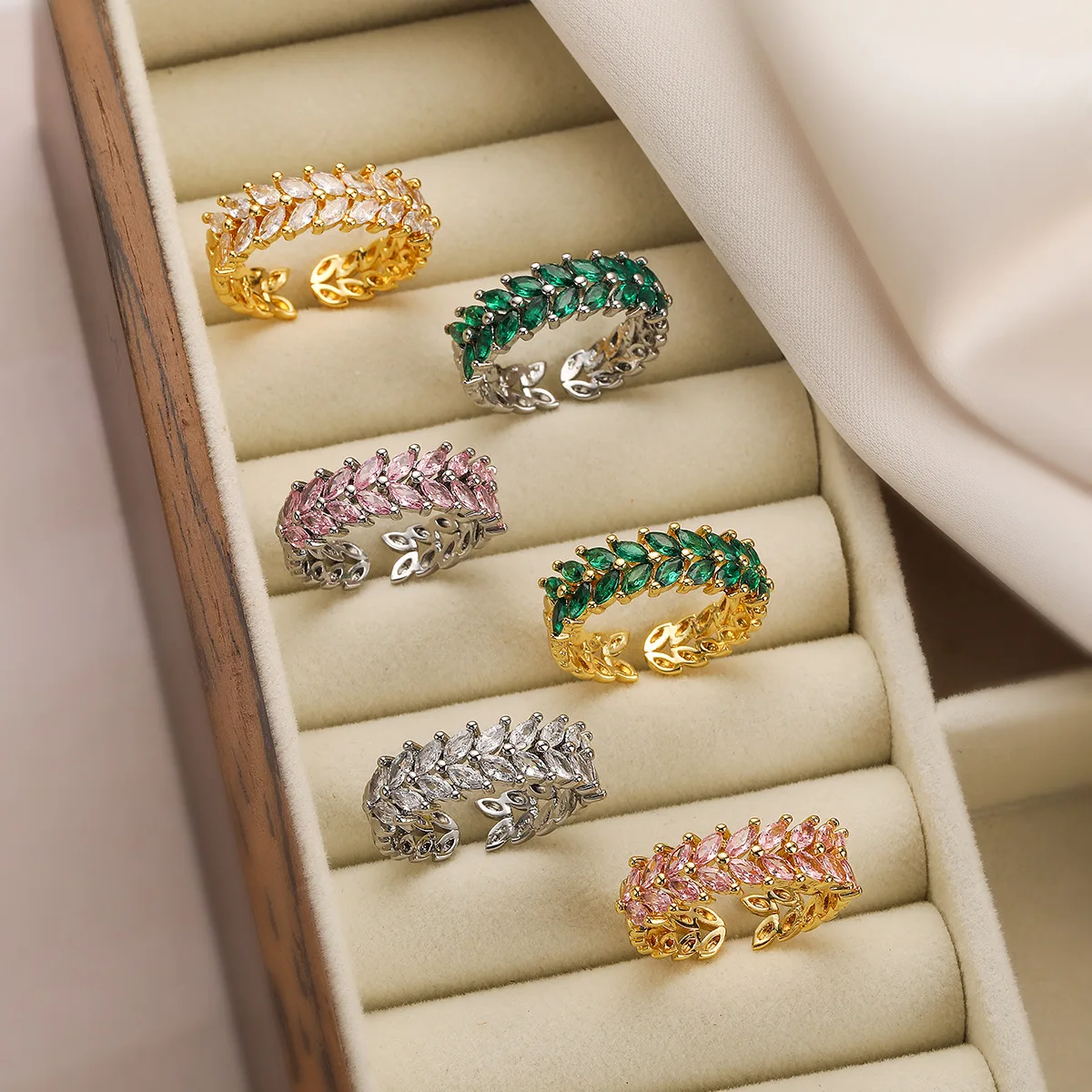 Super Shiny Real Gold Zircon  Light Luxury Ring Wheat Geometric Open Ring Green Pink Crystal Diamond Ring