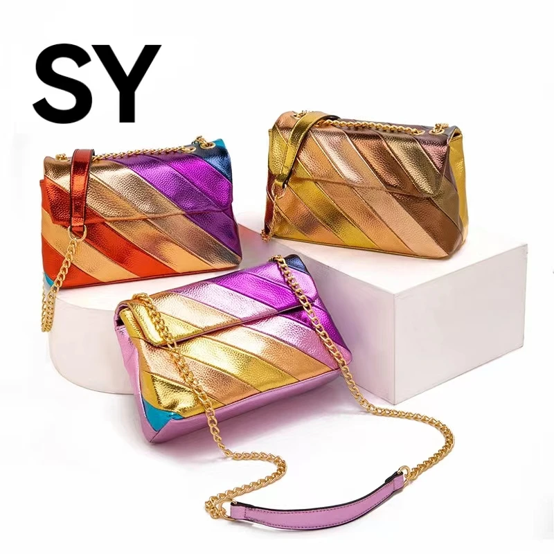 SY Jointting metallic colorful PU handbag for ladies stitching hand bag Purse Portable Toiletry Pouch Pu Rainbow Colorful Plain