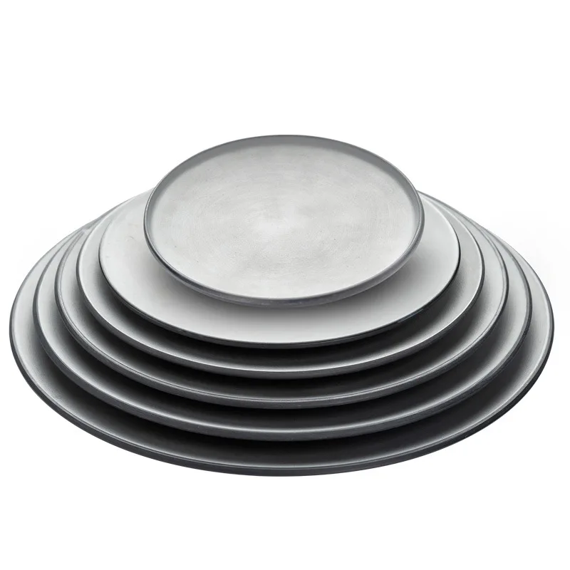 Restaurant Unbreakable Black Gray Frosted Disc Melamine Flat Plates Dishes Set for Western Food Steak
