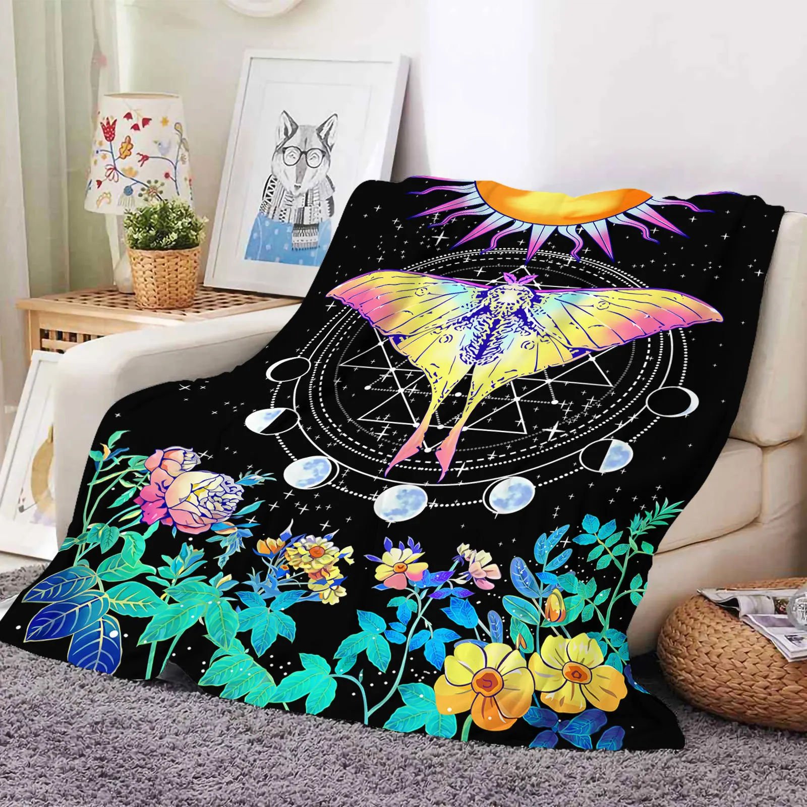 Gift Romantic Print Soft Warm Baby Blanket Retro Vintage Layer Flannel Tapestry Holiday Moon Butterfly Blanket Rug