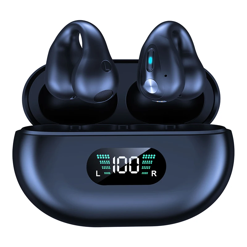 Q80 Wireless Ear Clip Bone Conduction Headphones Open Earhook Sports Headsets Q80 TWS Earbuds Earphones 5.3 Audifonos LED Black
