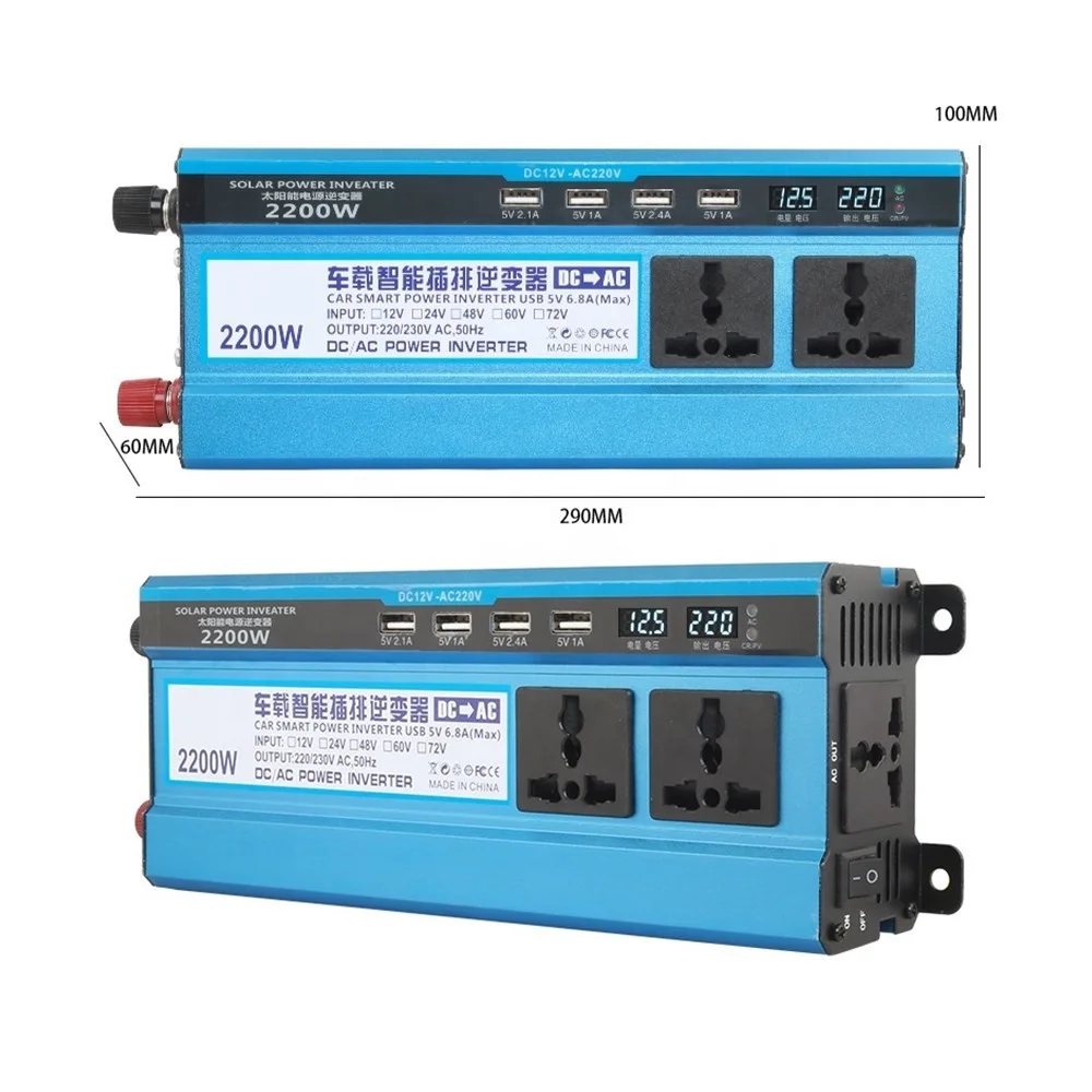 
Solar Power Inverter 1000W 12V 24V 220V with 3 Universal Sockets and 4 USB Ports 