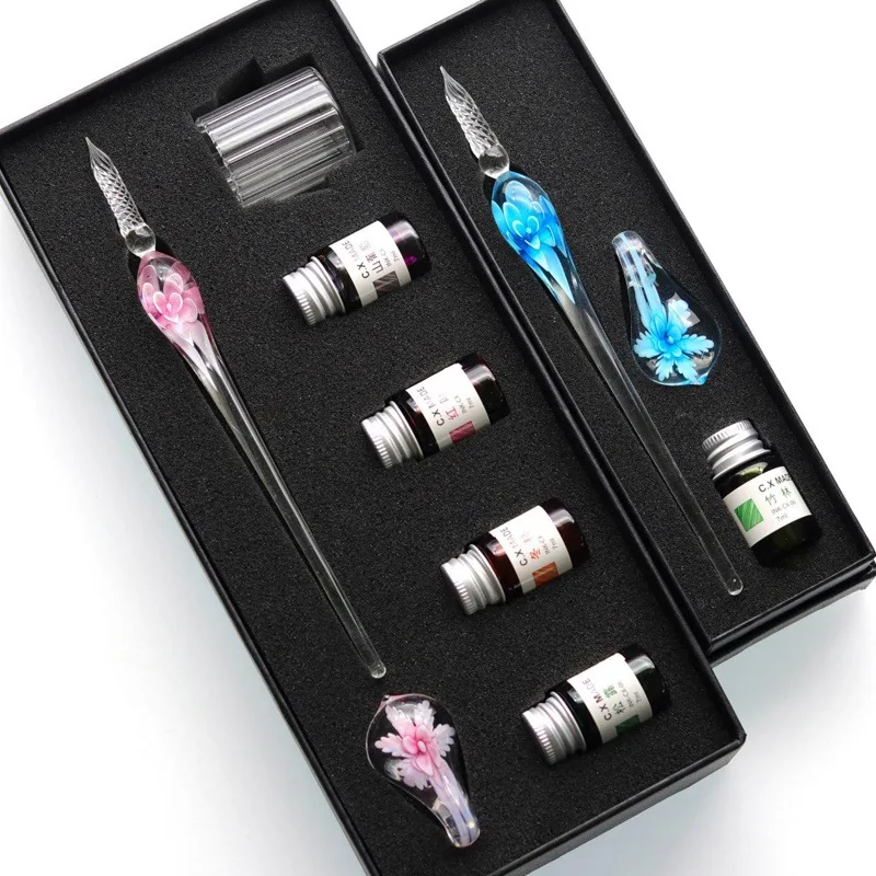 Wholesale Vintage calligraphy writing gift pen set colorful glass dip pen set with ink