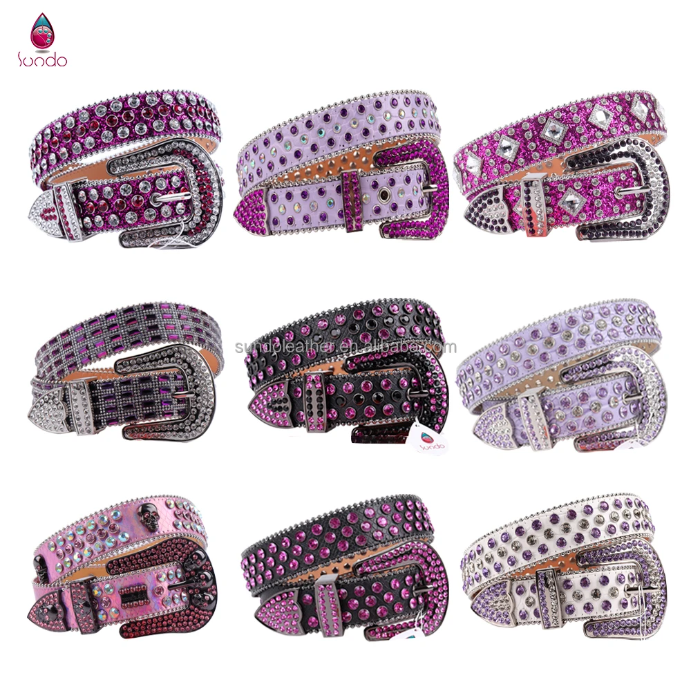 2021 New Designer Shiny Bling Bling Purple Alligator Leather Fashion Bad Girl Crystal Stud Kids Stone Belts for Women belts