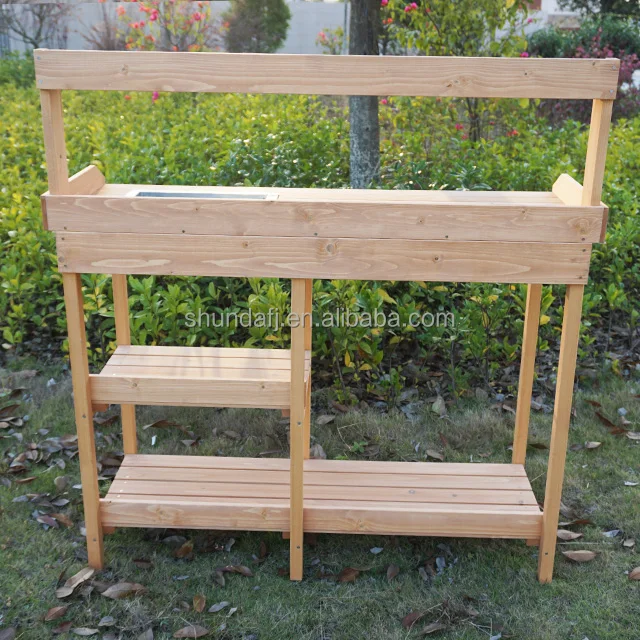 SDPB004 Products Mobile Garden Potting Bench Outdoor Wood Workstation Table Tabletop Storage Shelves