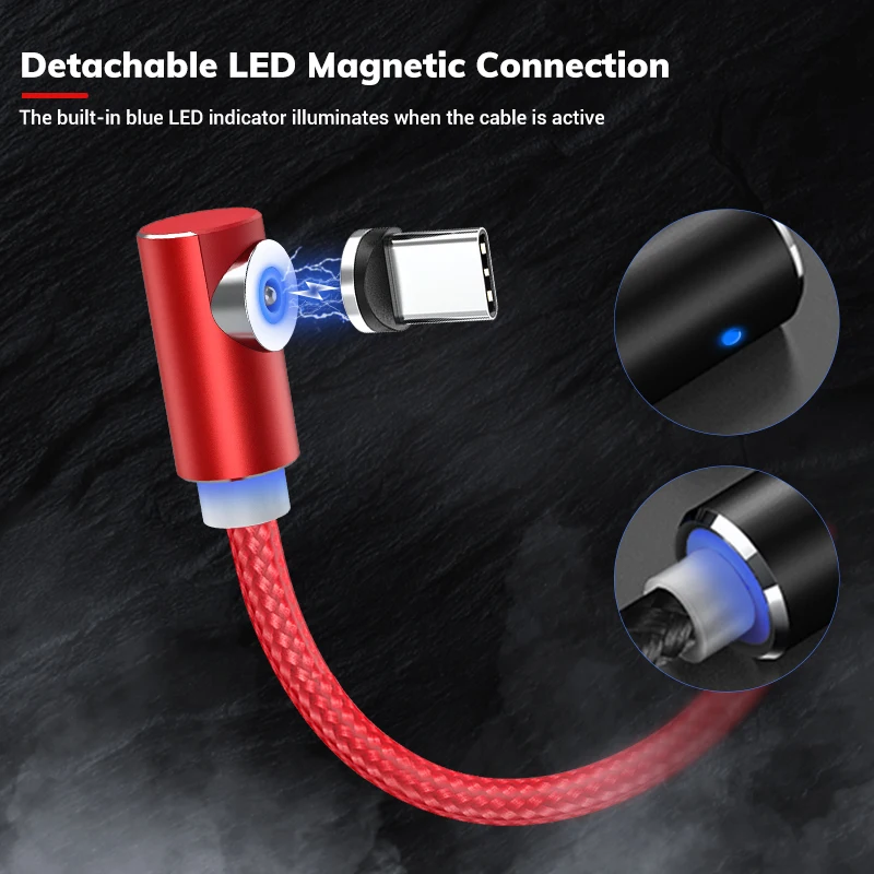 
Free Shipping Nylon Weave 90 Degree LED Magnetic Micro USB Type C Charging Cable 
