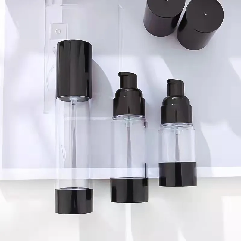 Wholesale plastic round black clear airless lotion cream bottle 1 oz 30ml airless pump bottle airless spray bottle
