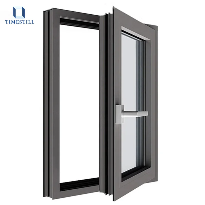 Aluminum casement window with mosquito net in black, insulating tempered glass, high thermal and acoustic insulation performance