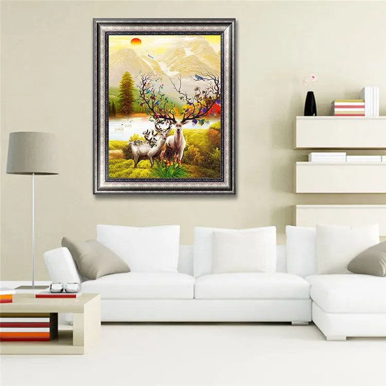 Hot sell customize 5d Diy no frame round full drill magic diamond mosaic painting elk for Home decor