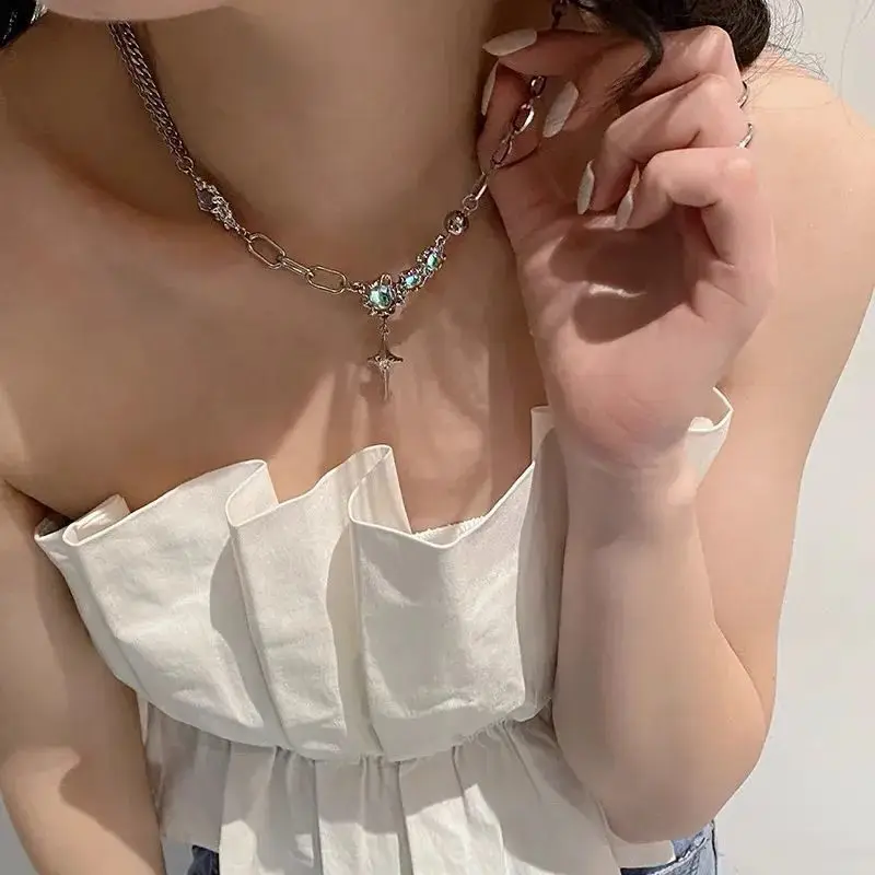Moonstone Cross Zircon Female Summer Light Luxury Niche Design Sense Senior Spice Collarbone Chain Necklace
