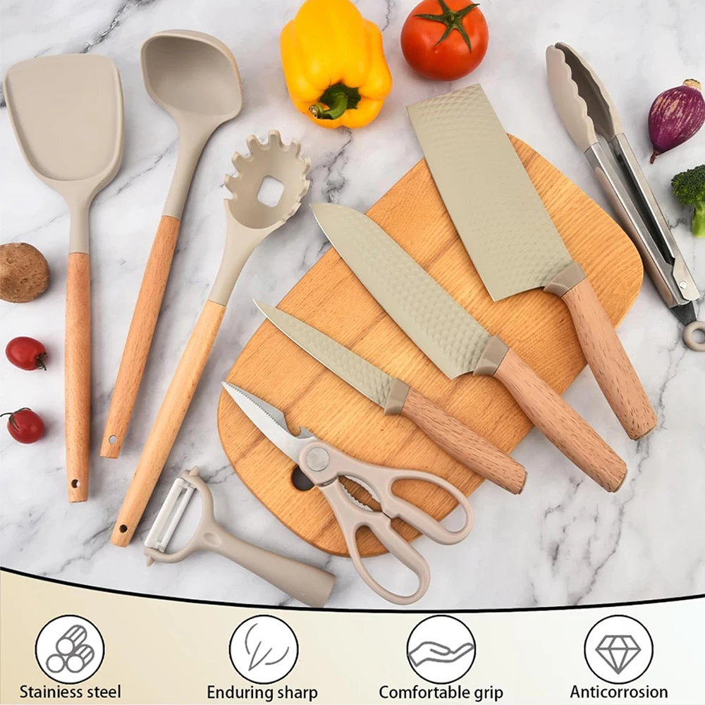 TOALLWIN chef kitchen knives set wooden handle kitchen utensils and kitchen knife set with holder