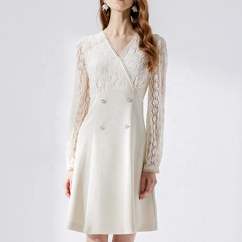 Huiquan New Design Printed Lace Decoration Beige Dress Elegant Luxury French Dress