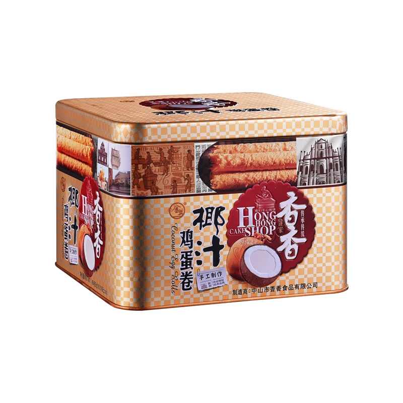 Chinese Traditional Egg Wafer Stick Coconut Flavor Crispy Chinese Snack Food Egg Rolls in Square Tin
