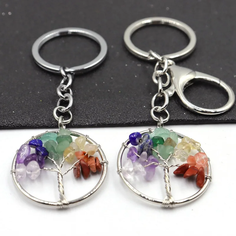 Natural Healing 7 Chakra Stone Gemstone Tree Of Life Keychain Key Ring Key Holder Charm For Women