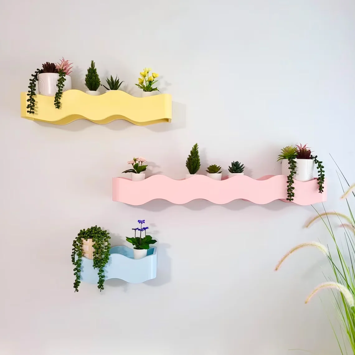 Colorful Unique Handcrafted Wave Wood Wall Art Shelf for Kids Cozy Cute Wood Nursery LED Storage Shelf for Display Book Storage