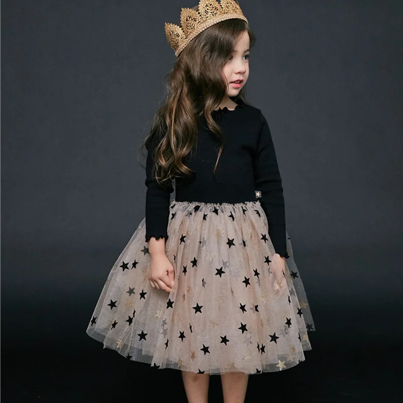 2020 Autumn Girls Clothing Long Sleeves Dress with Start Mesh Dress for Girls