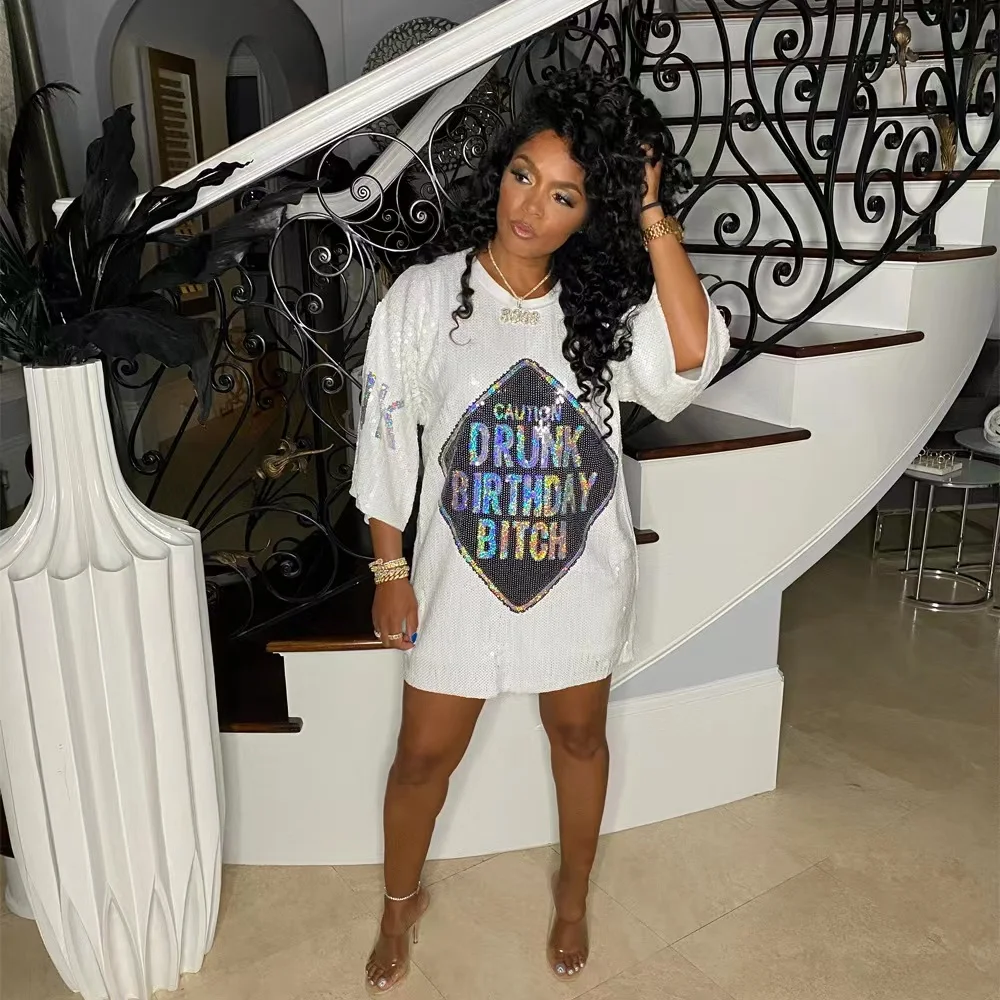 Wholesale Shiny New Casual Shirt Dress Sparkle Sequin Glitter Letter Style Party Outfits Casual Women Dress Night Club Dress