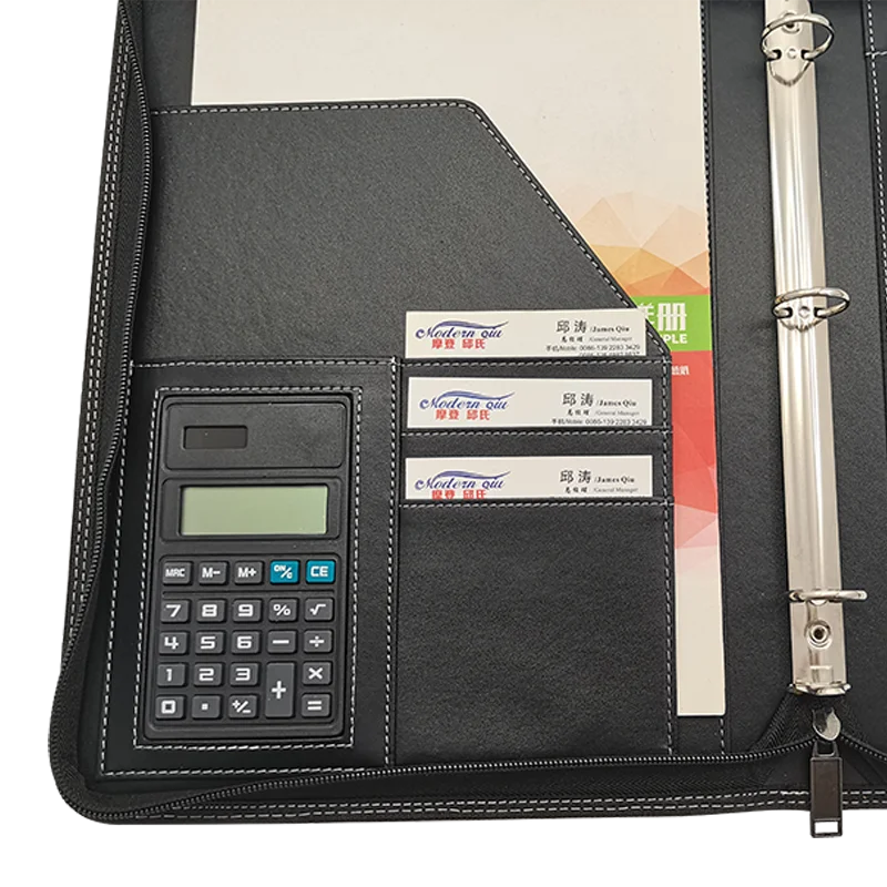 Modernqiu A4 Conference Document Portfolio 3 Ring Binder with Calculator File Folder PU Leather Modern Filing Products
