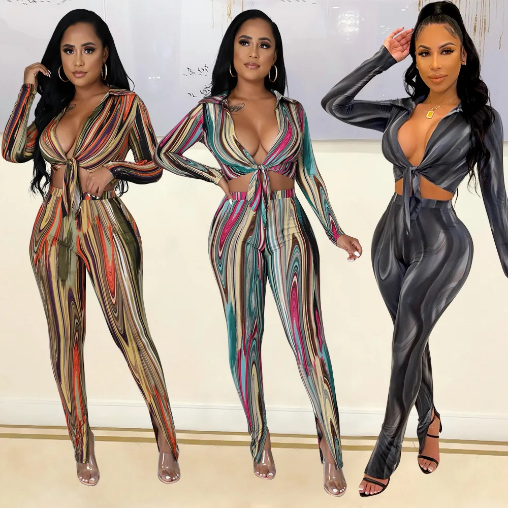 New arrivals hot sale deep V neck short top and pants set sexy long sleeve two piece set women clothing