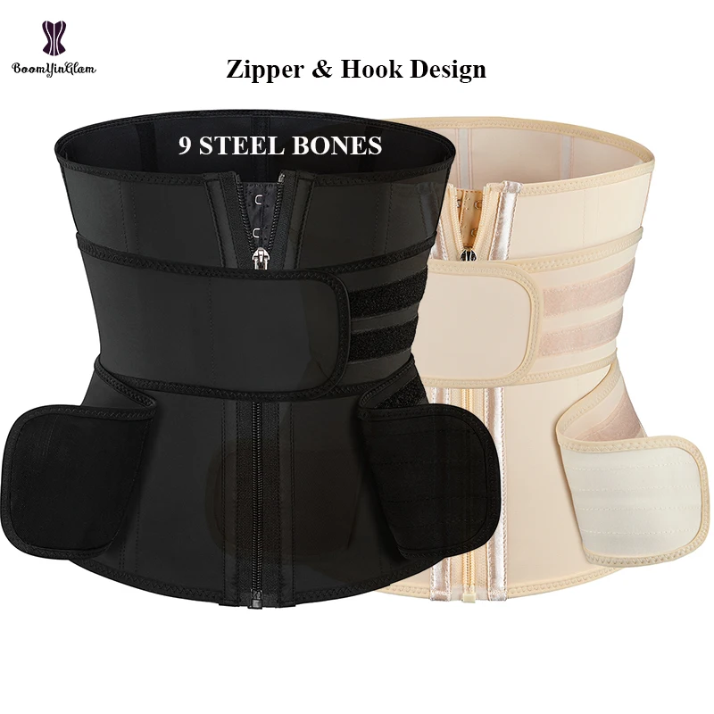 3 Layers 9 Steel Boned Latex Double Strap Belt Waist Trainer Body Shaper Women Belly Flat Sheath With Zip For Tummy Control