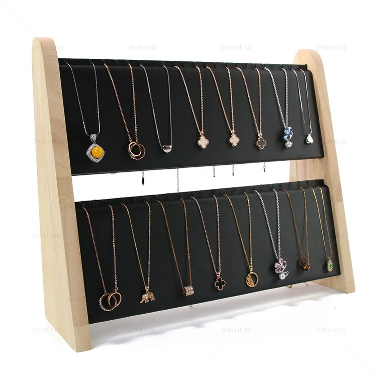 SHI SHENG Bamboo Wooden Pu Leather Long Chain Necklace Easel Showcase Display Board for Necklace Pendant Display Storage Holder