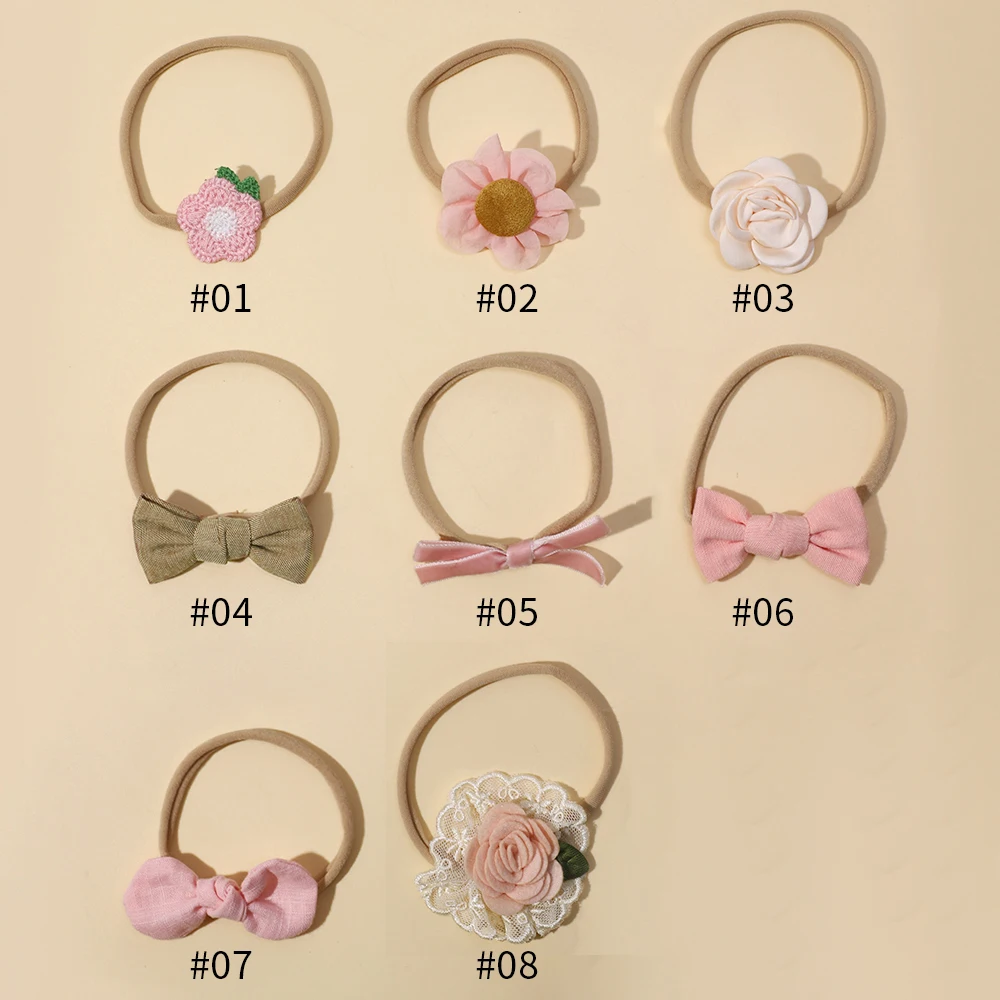 8-Piece Pink Rose Hair Band Set for Baby Girls Fabric and Rubber Lace Wave Dot Bow Accessories with Knots Sweet Style