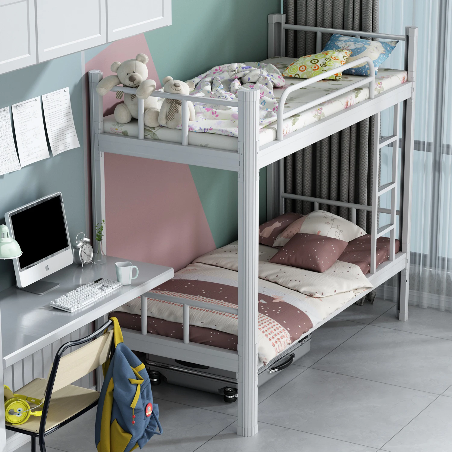 T-B-001Factory price School Domitery Latest Metal Double Layer Bed Designs High Duty Steel Metal Bunk Student Bed