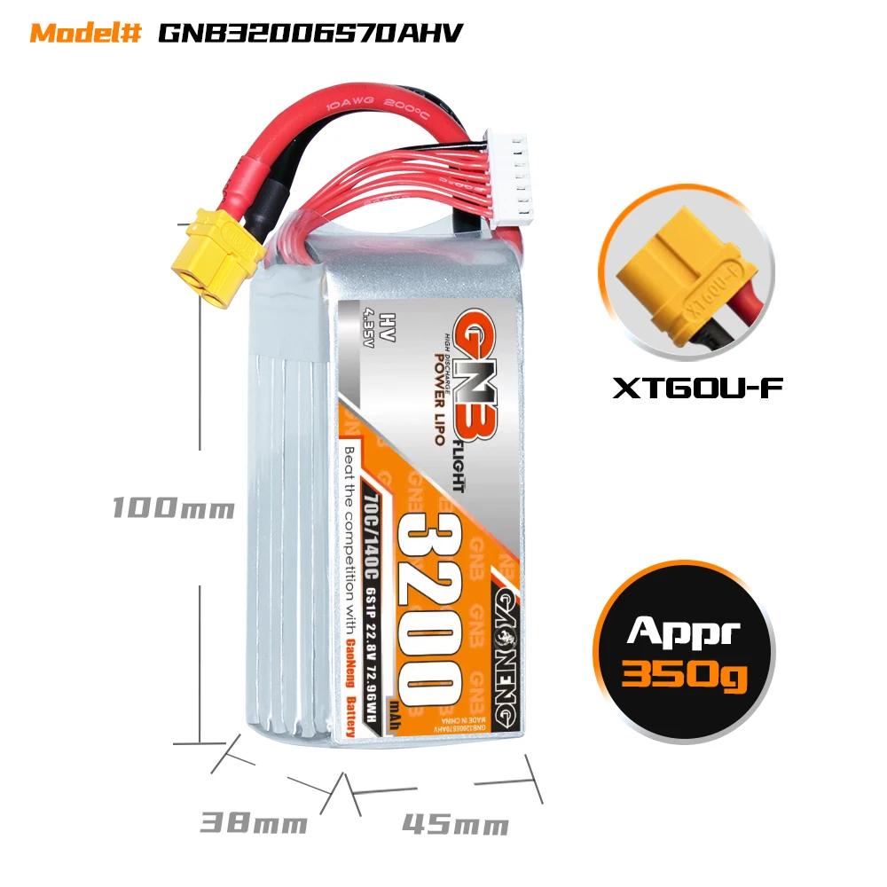 GNB GAONENG LiHV 3200mah 6S 22.8V 70C 140C XT60 RC LiPo Battery for RC Car Drone RC Boat Soft Pack