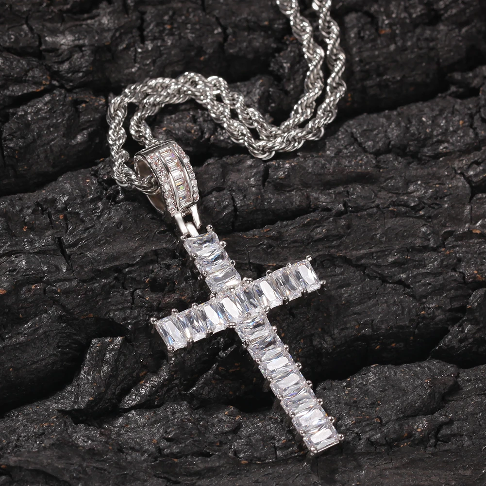 UWIN Hip Hop Gold Plated 5mm Baguette CZ Cross Charm Pendant Golden Bling Rapper Cross Pendants Necklace