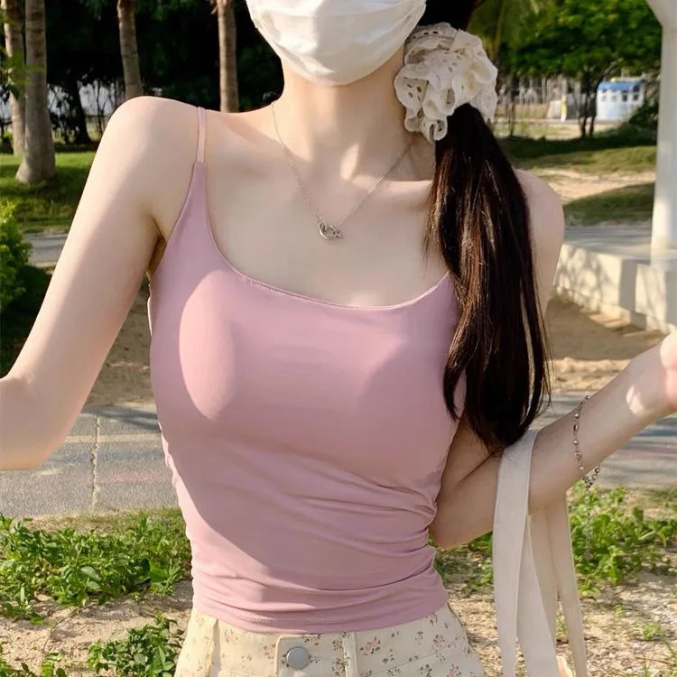 Candy color solid  ice silk camisole adjustable shoulder strap tank top for women fashionable hot crop top